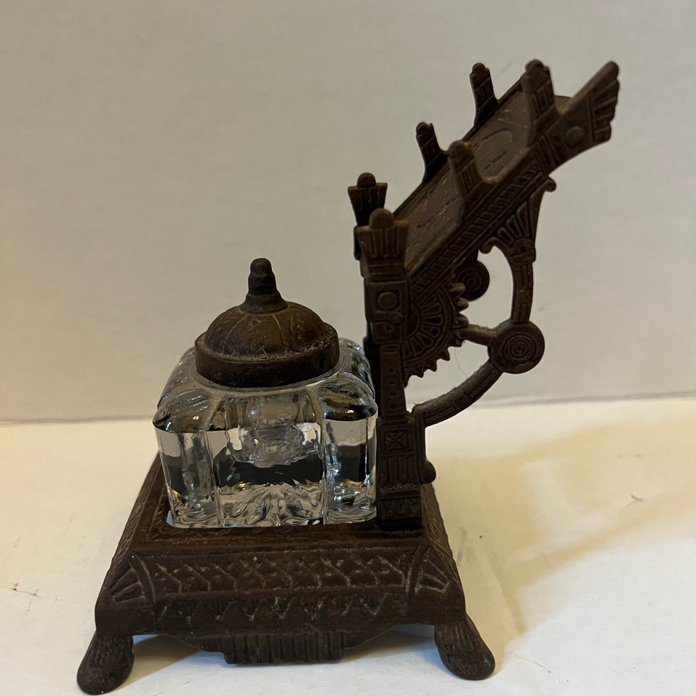 Antique Inkwell P.S. & W. Peck Stow Wilcox 1877 Cast Iron Stork 3 pc set
